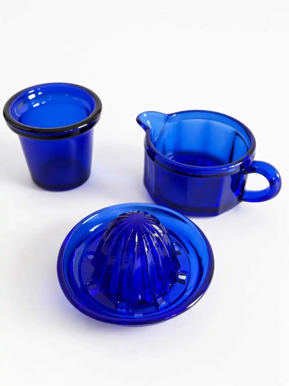 Vintage Cobalt Blue Glass Citrus Juicer, Reamer Set, Starburst Base, Kitchen